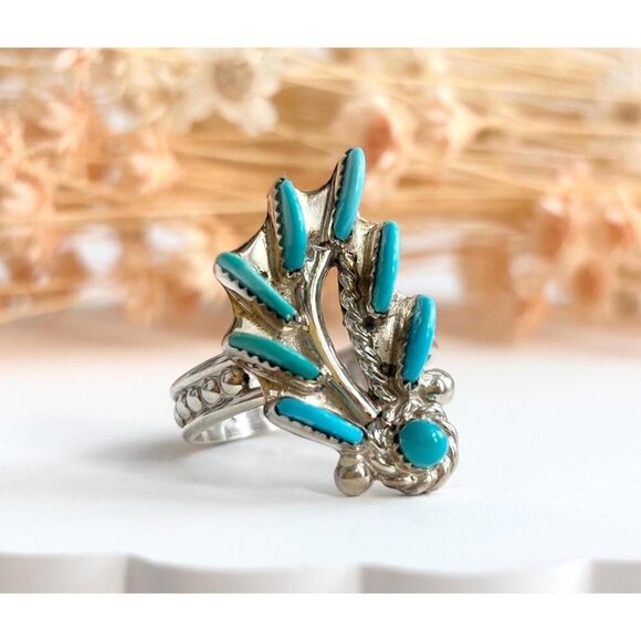 Vintage Jewelry - Southwest Style Bouquet Shaped Turquoise Rope Sterling Silver Vintage Ring sz 8